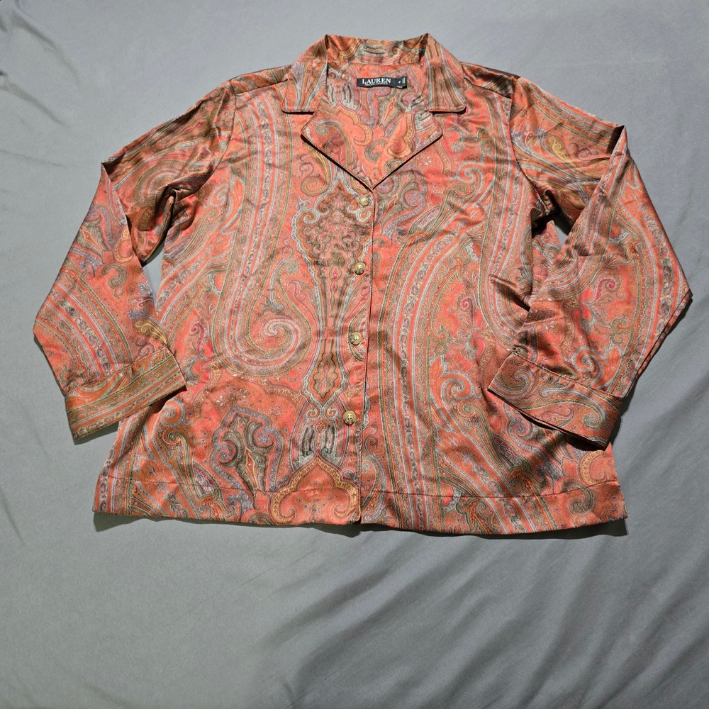 Lauren Ralph Lauren Pajama Top Womens M Orange Paisley Satin Button Down Lounger